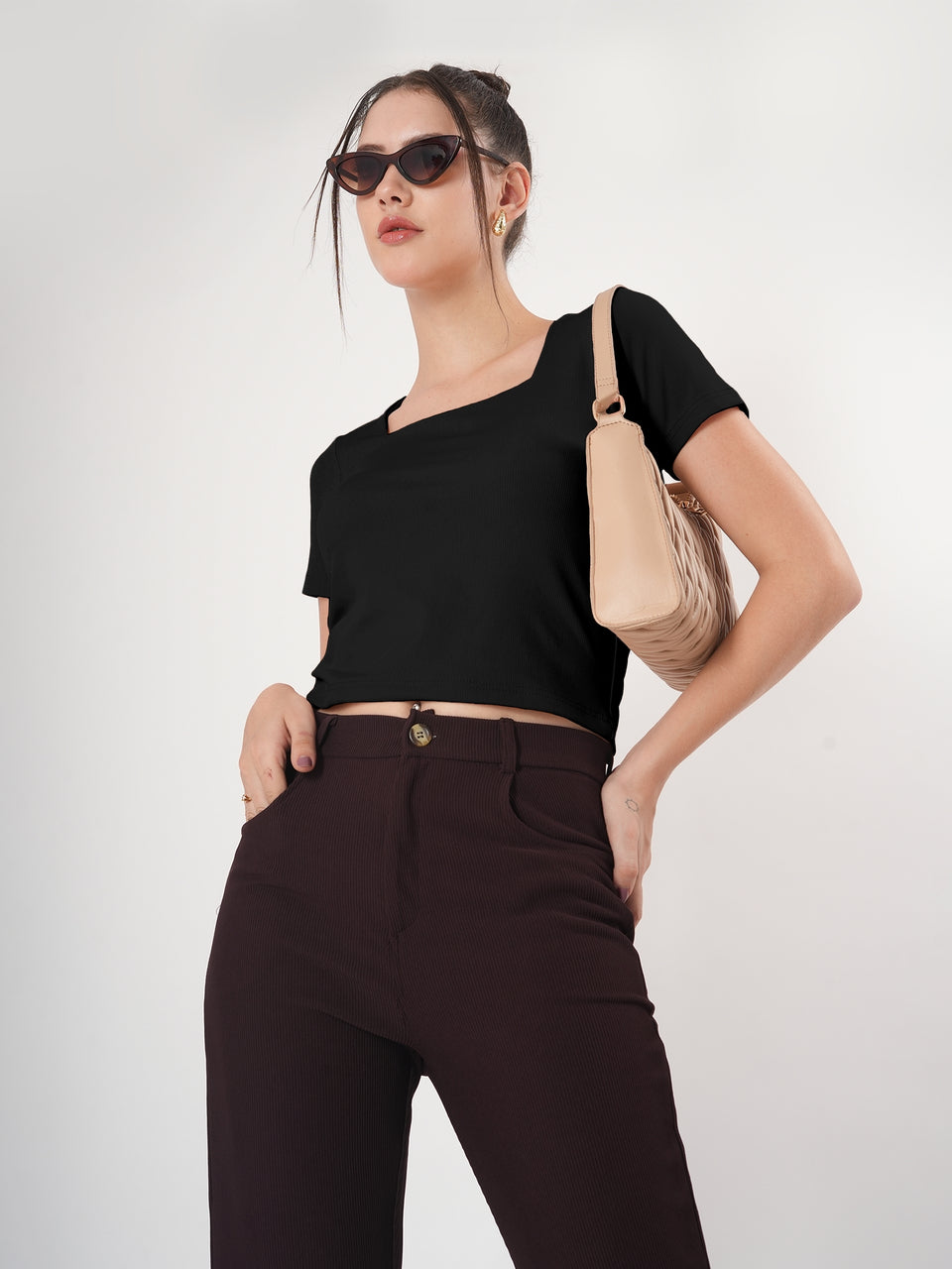 Solid Square Neck Half Sleeve Fitted Top