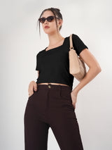 Solid Square Neck Half Sleeve Fitted Top