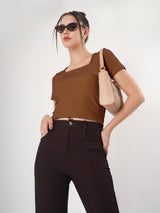 Solid Square Neck Half Sleeve Fitted Top