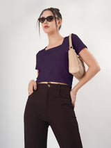 Solid Square Neck Half Sleeve Fitted Top