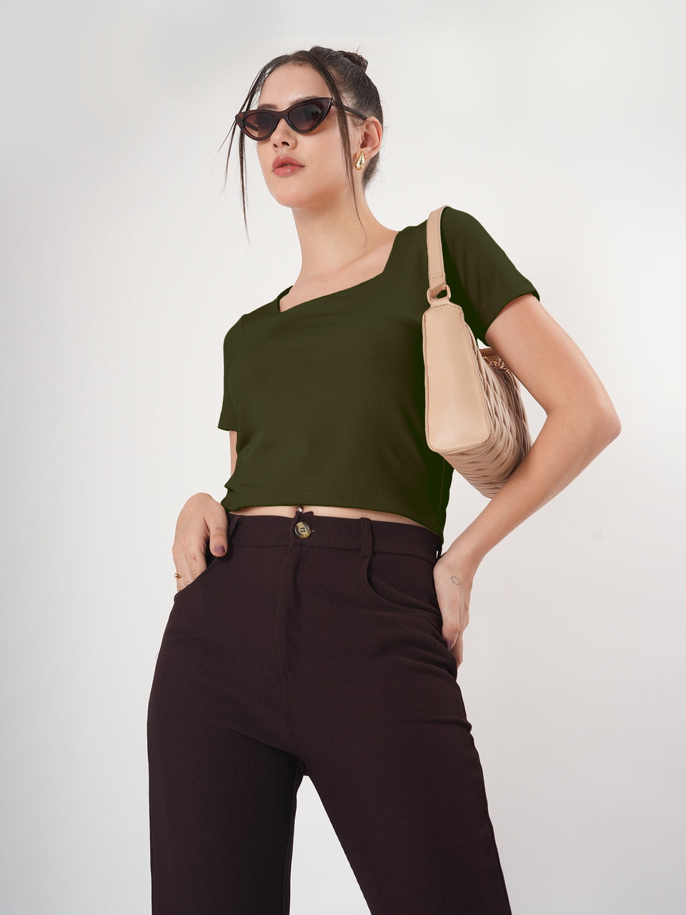 Solid Square Neck Half Sleeve Fitted Top