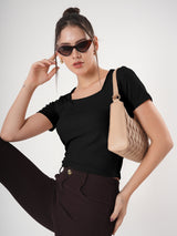 Solid Square Neck Half Sleeve Fitted Top