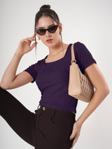 Solid Square Neck Half Sleeve Fitted Top