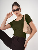 Solid Square Neck Half Sleeve Fitted Top