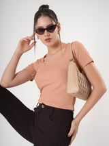 Solid Square Neck Half Sleeve Fitted Top