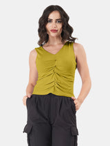 Solid V Neck Sleeveless Pleated Semi Crop Top
