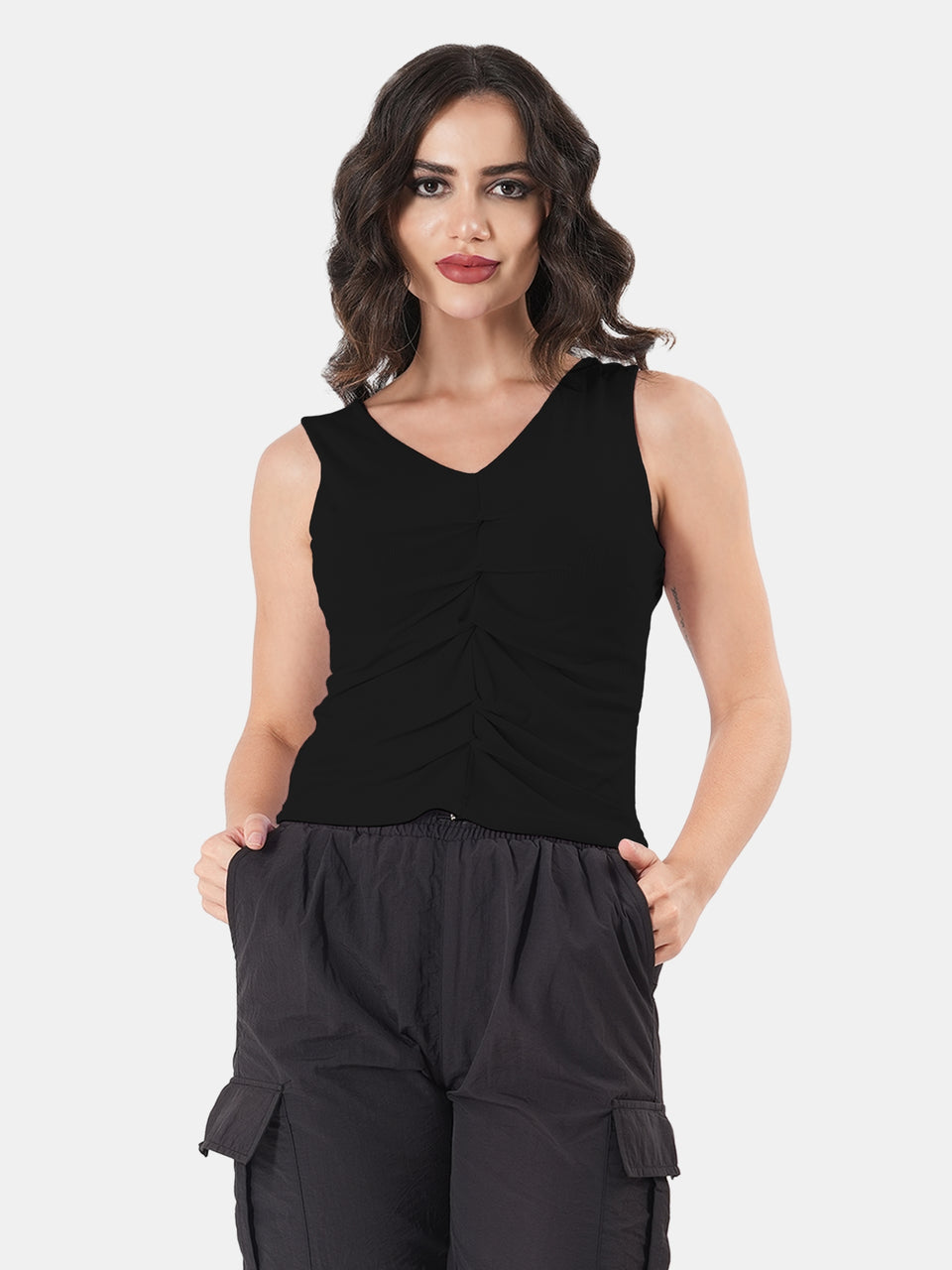 Solid V Neck Sleeveless Pleated Semi Crop Top