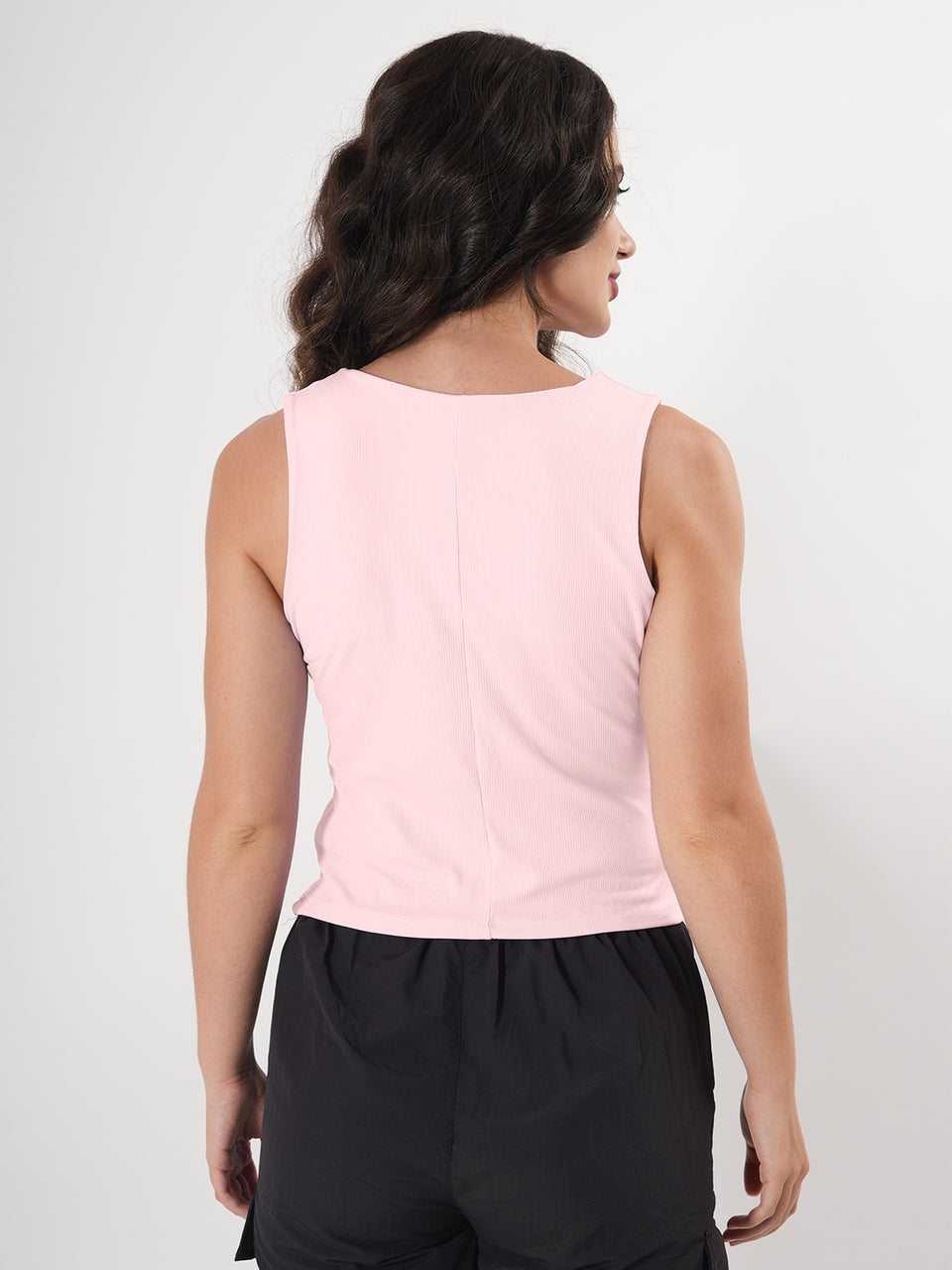 Solid V Neck Sleeveless Pleated Semi Crop Top