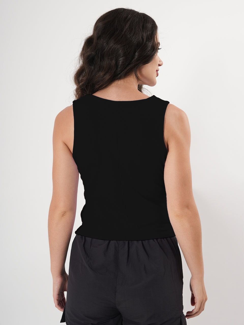 Solid V Neck Sleeveless Pleated Semi Crop Top