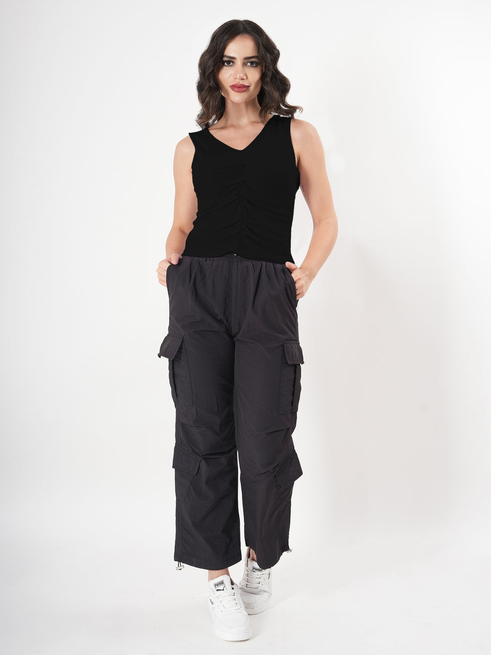 Solid V Neck Sleeveless Pleated Semi Crop Top