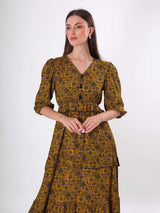 Floral Print V Neck Flared Midi Dress