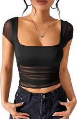 Neted Solid Half Sleeve Crop Top