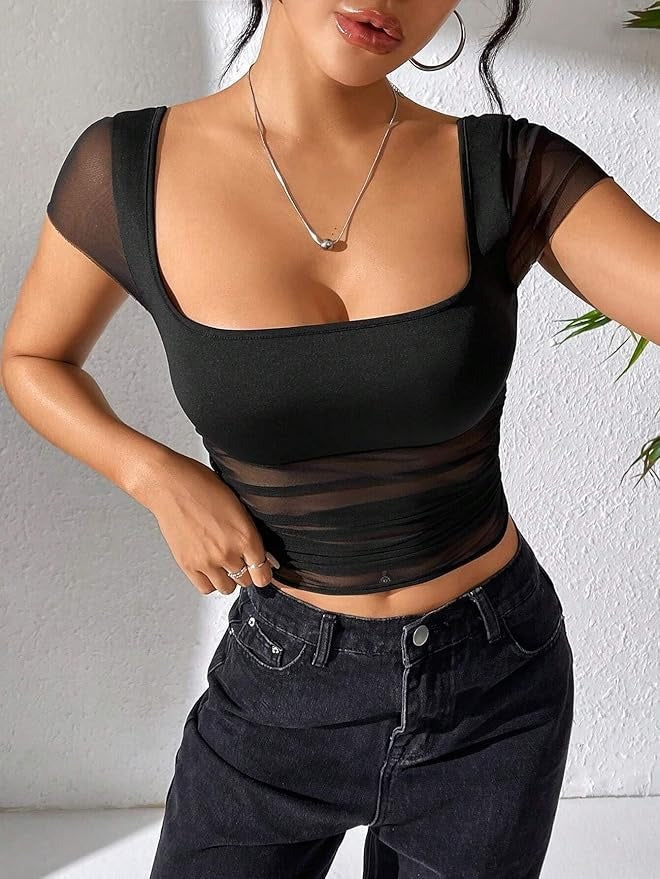 Neted Solid Half Sleeve Crop Top