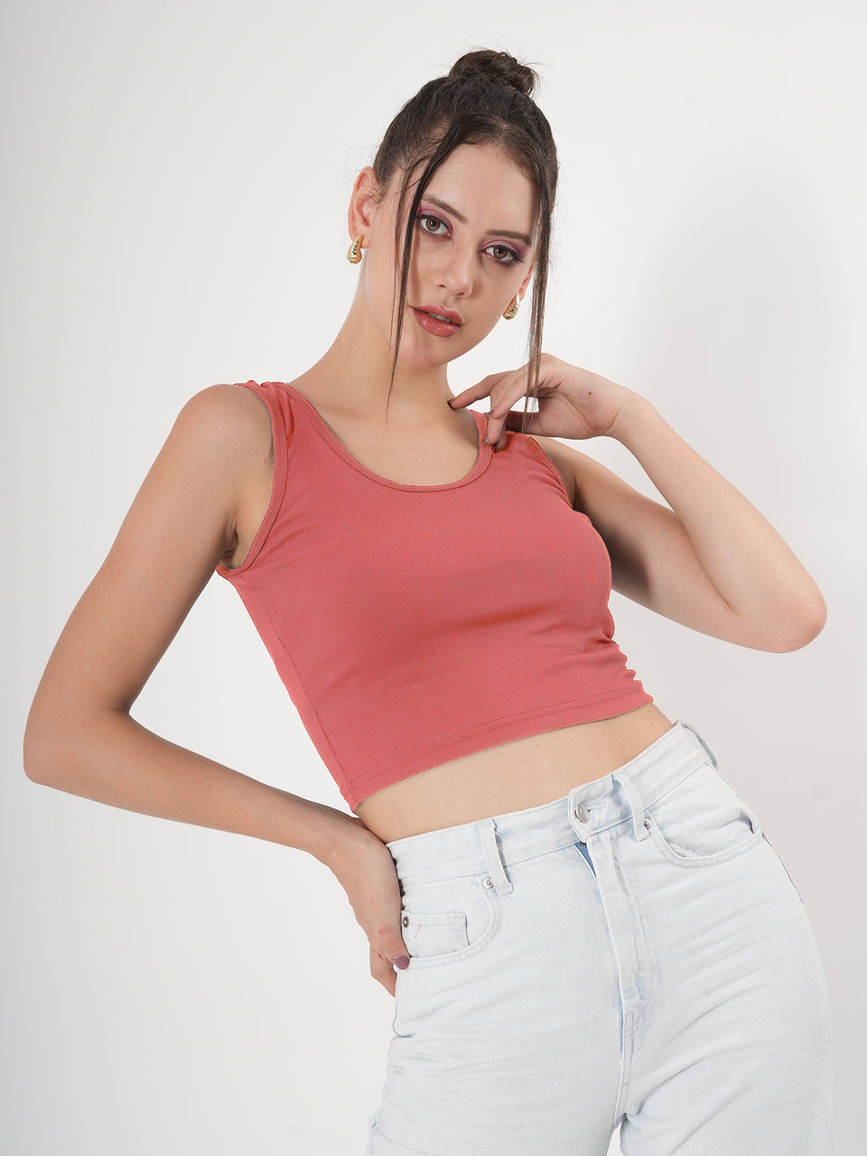 Solid Sleeveless Round Neck Crop Top