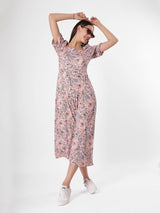 Line Floral Print Midi Dress With Square Neck