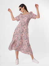 A - Line Floral Print Midi Dress With Square Neck