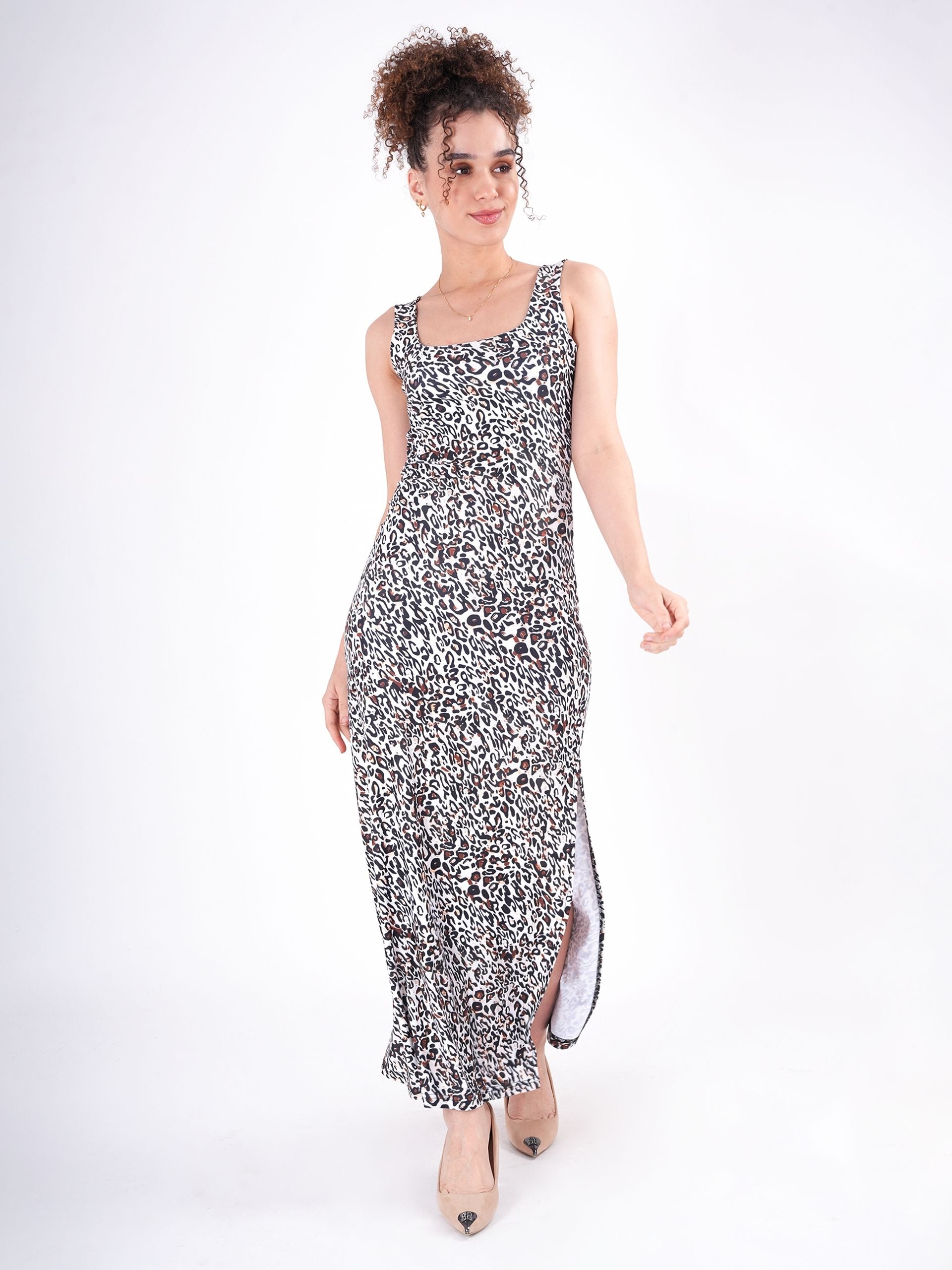 Animal Print Back Detail Slit Dress