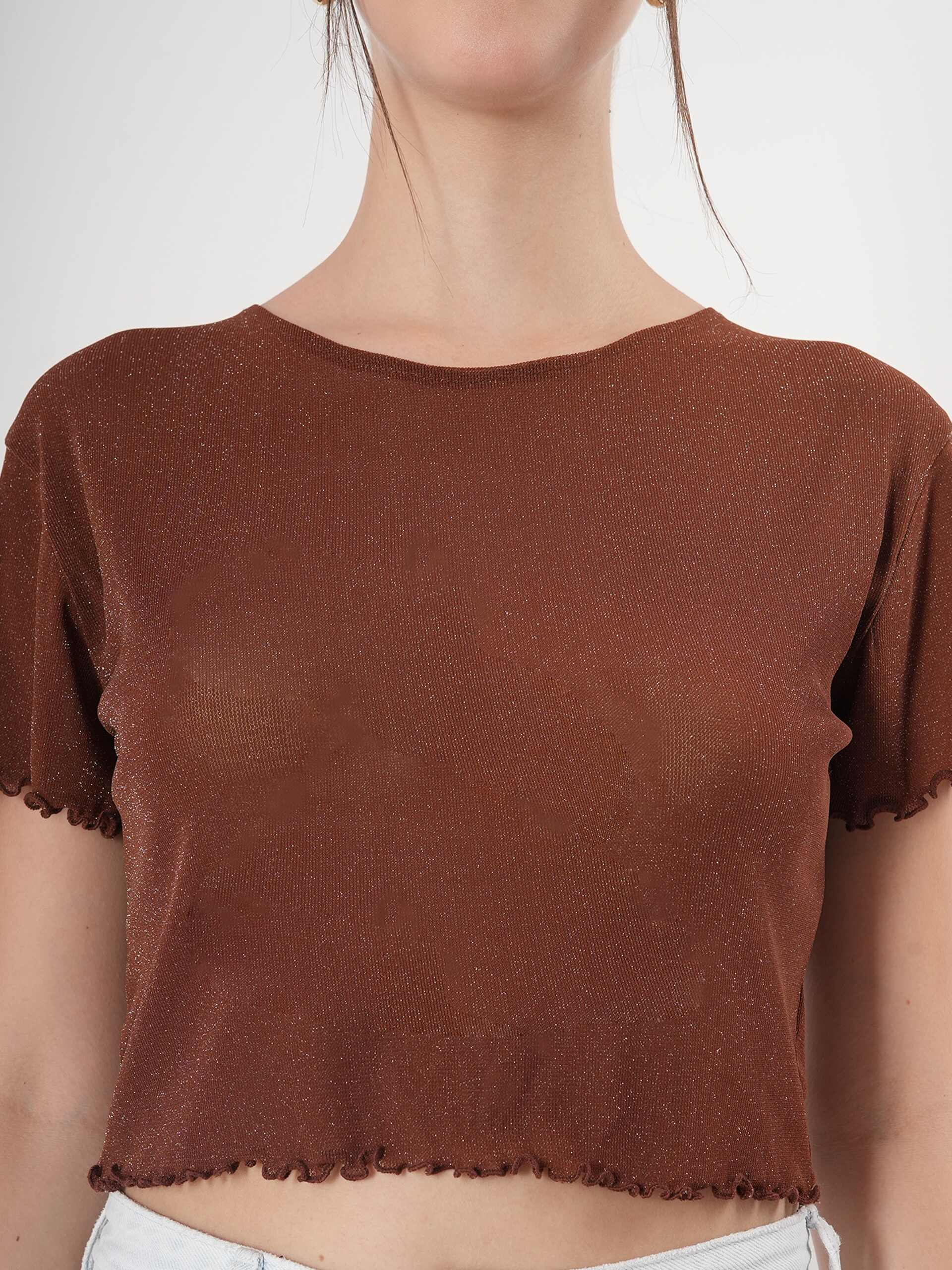 Brown Partywear Crop Top With Round Neck & Half Sleeve