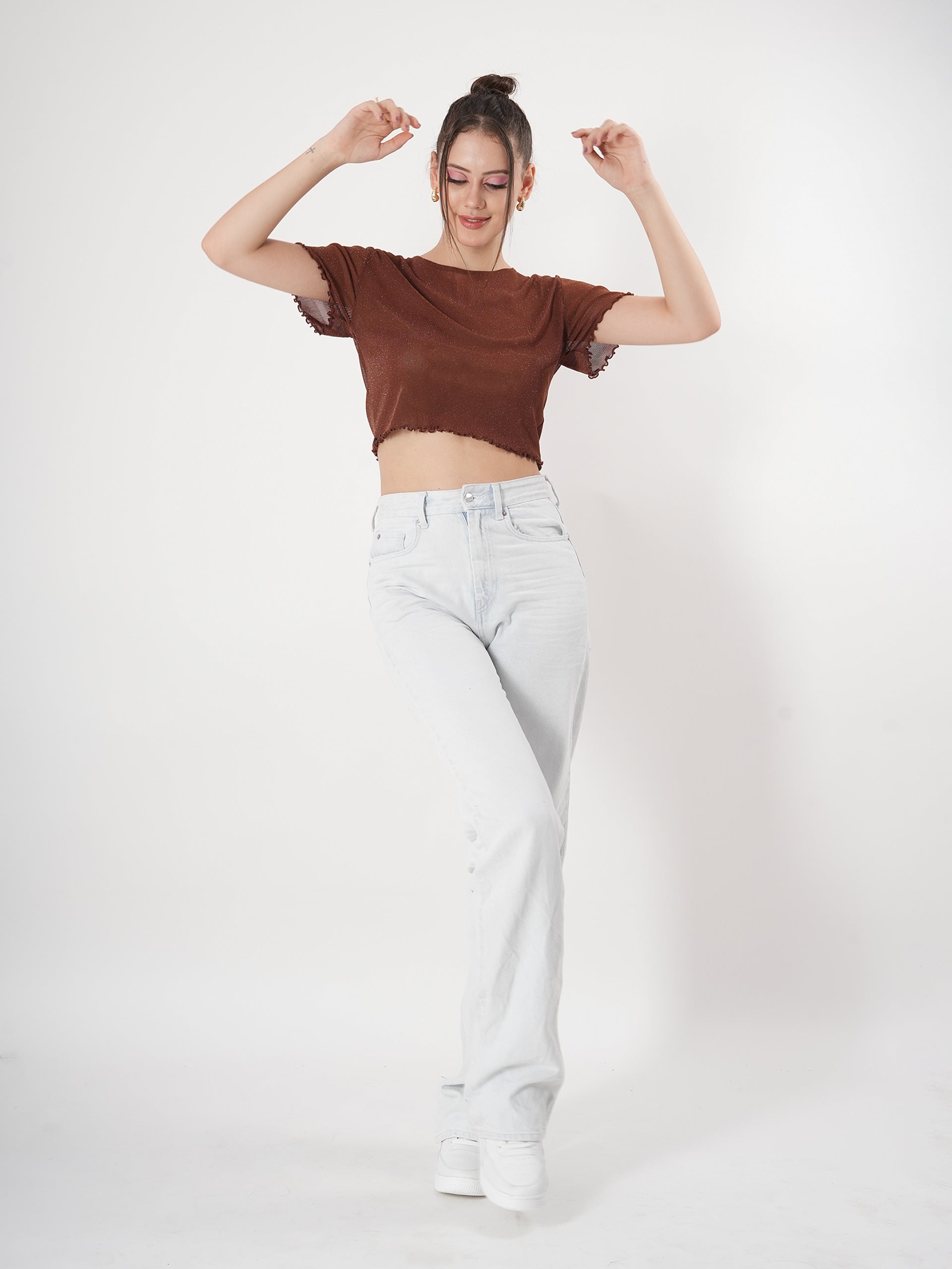Brown Partywear Crop Top With Round Neck & Half Sleeve