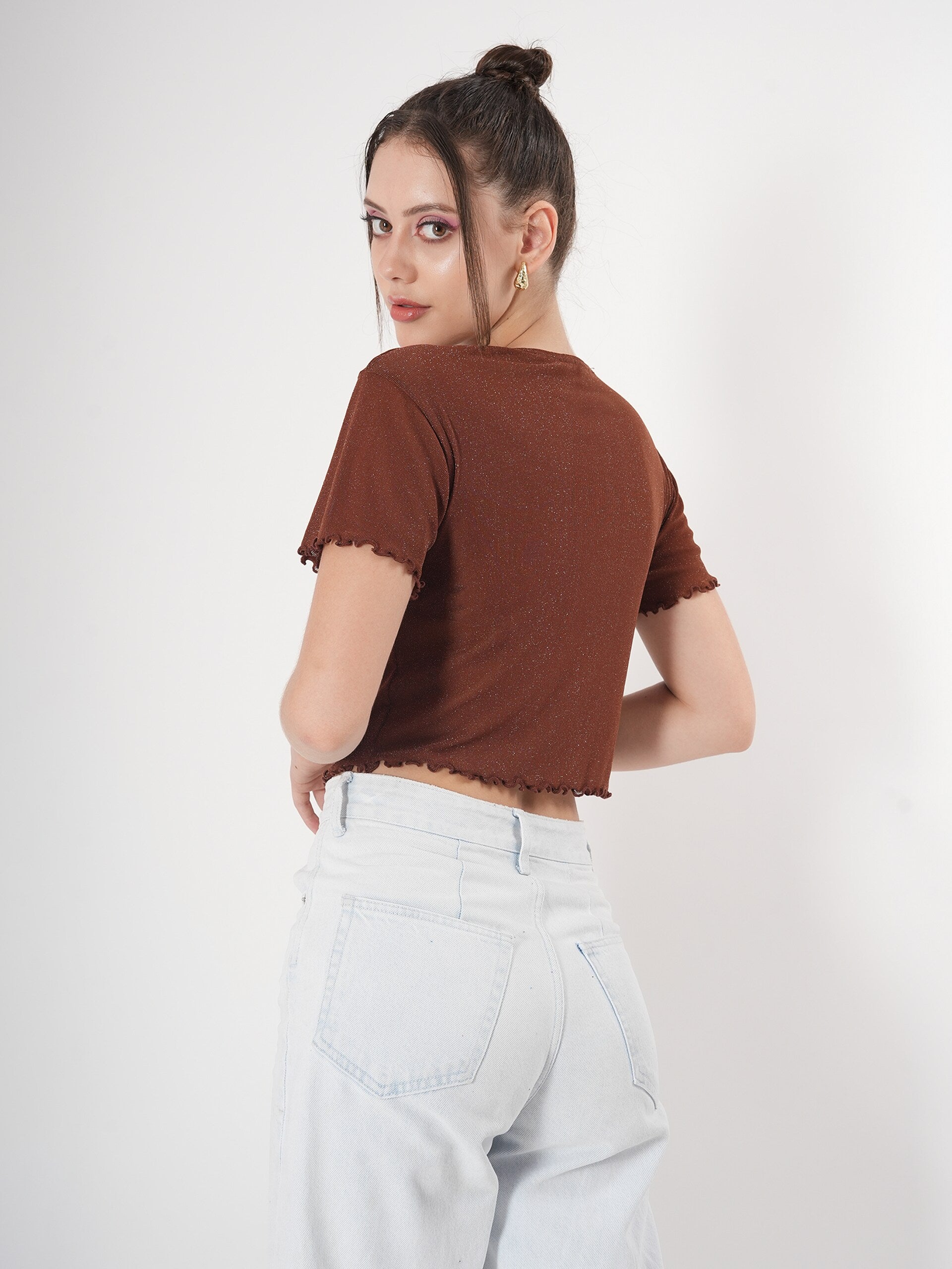 Brown Partywear Crop Top With Round Neck & Half Sleeve