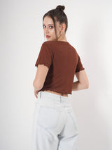 Brown Partywear Crop Top With Round Neck & Half Sleeve