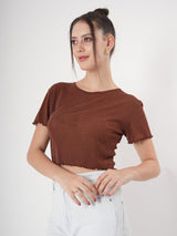 Brown Partywear Crop Top With Round Neck & Half Sleeve