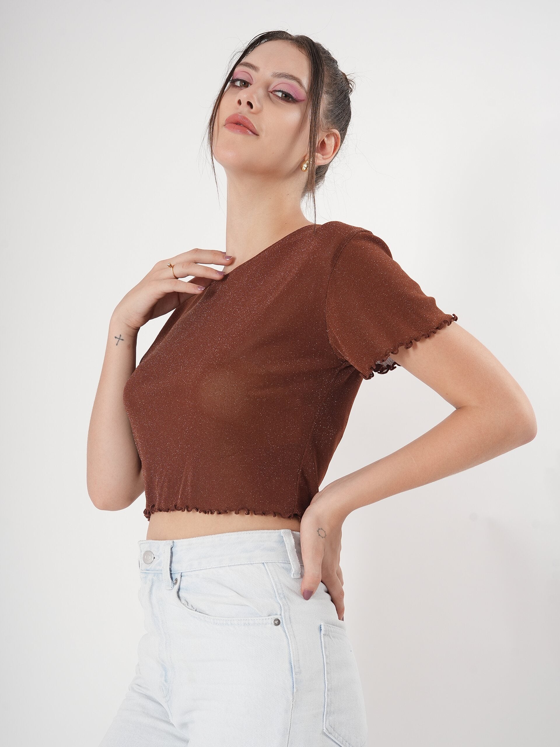 Brown Partywear Crop Top With Round Neck & Half Sleeve