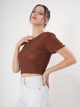Brown Partywear Crop Top With Round Neck & Half Sleeve