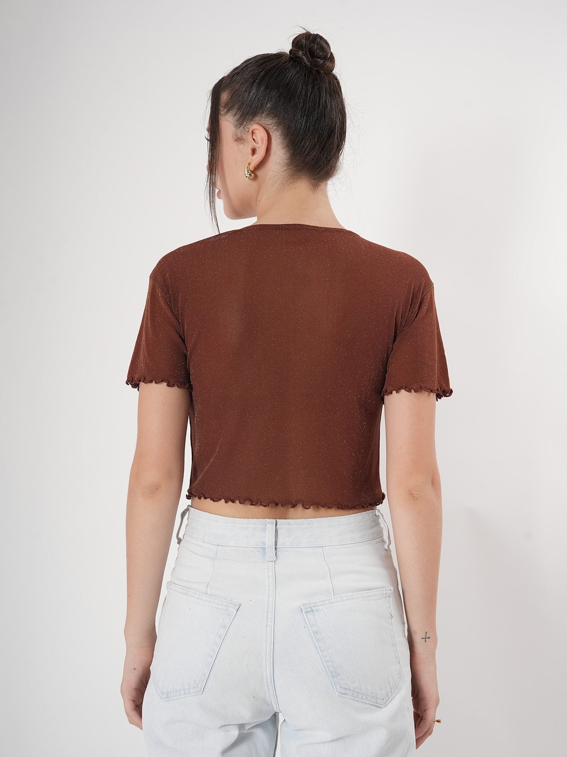 Brown Partywear Crop Top With Round Neck & Half Sleeve