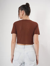 Brown Partywear Crop Top With Round Neck & Half Sleeve