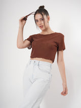 Brown Partywear Crop Top With Round Neck & Half Sleeve