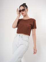 Brown Partywear Crop Top With Round Neck & Half Sleeve