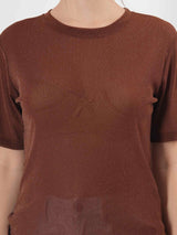 Brown Partywear Top With Round Neck & Half Sleeve