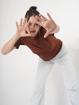 Brown Partywear Top With Round Neck & Half Sleeve