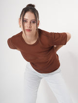Brown Partywear Top With Round Neck & Half Sleeve