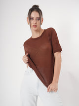 Brown Partywear Top With Round Neck & Half Sleeve