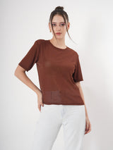 Brown Partywear Top With Round Neck & Half Sleeve