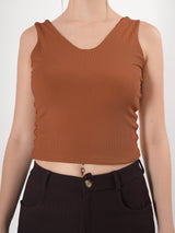 Solid V Neck Sleeveless Fitted Crop Top For Women