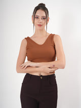 Solid V Neck Sleeveless Fitted Crop Top For Women