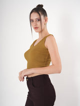 Solid V Neck Sleeveless Fitted Crop Top For Women