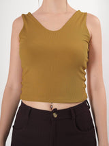 Solid V Neck Sleeveless Fitted Crop Top For Women