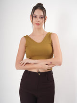 Solid V Neck Sleeveless Fitted Crop Top For Women