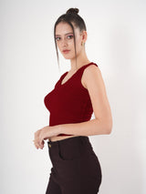 Solid V Neck Sleeveless Fitted Crop Top For Women