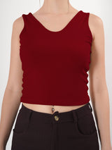 Solid V Neck Sleeveless Fitted Crop Top For Women
