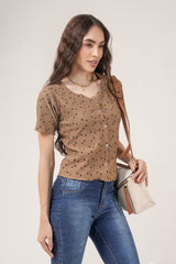 Clobug Women Floral Print Round Neck Short Sleeve Regular Top
