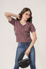 Clobug Women Floral Print Round Neck Short Sleeve Regular Top