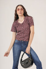 Clobug Women Floral Print Round Neck Short Sleeve Regular Top