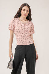 Clobug Women Floral Print Round Neck Short Sleeve Regular Top