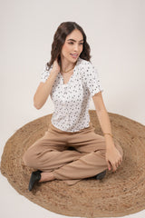 Clobug Women Floral Print Round Neck Short Sleeve Regular Top