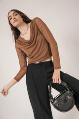 Clobug Women Solid Net Full Sleeve Cowl Neck Crop Top